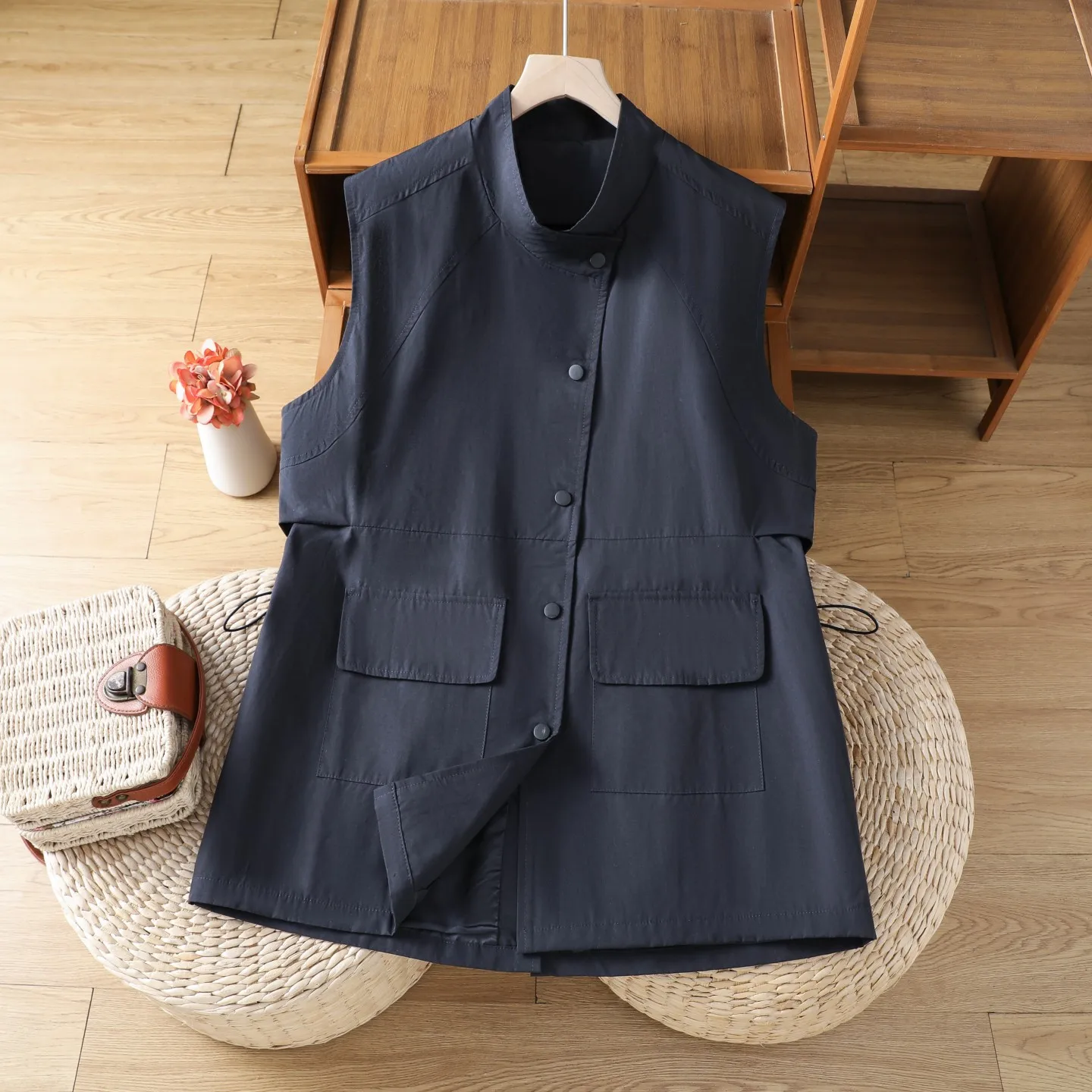 Women's Casual Long-Line Drawstring Waist Vest  Color Stand Collar Single Button Design Comfortable Loose Fit Autumn Top