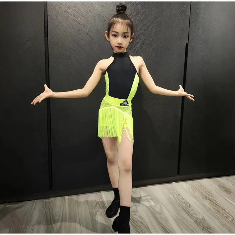 Latin Dance Training Dress 2026 Summer Green Fringe High-End Stretch Ballroom Stage Competition Daily Practice Two-Piece Outfit
