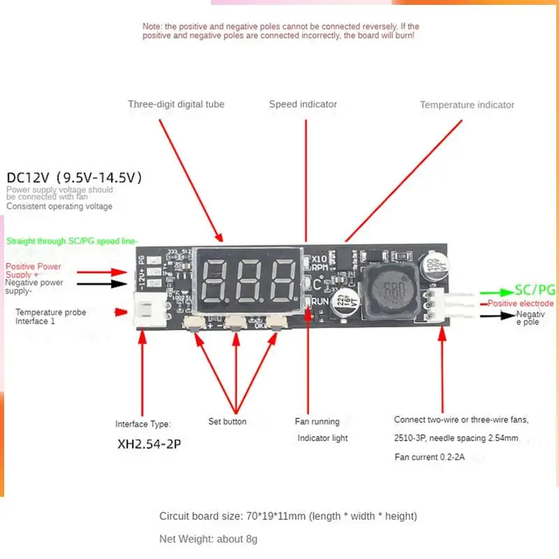 A92Z DC 12V PWM 2-3 Wire Fan Temperature Controller Speed Governor Display Module For PC Fan/Alarm Durable , Ring Probe