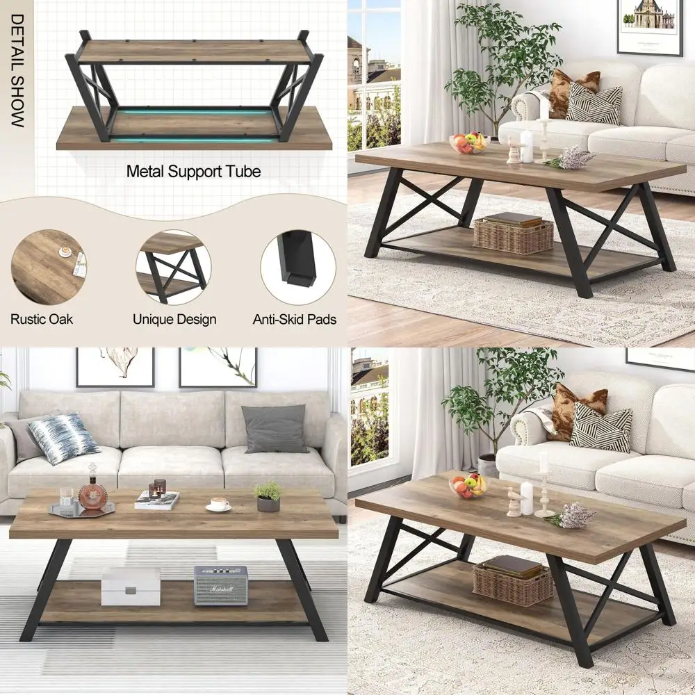 

Rustic Oak Industrial-Style Rectangular Coffee Table with Storage Shelf, 47 for Living Room