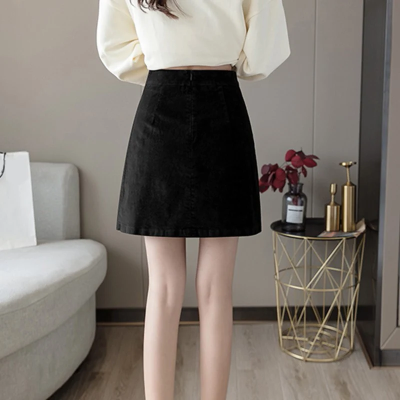 Zoki Harajuku Corduroy A Line Skirts Women Summer High Waist Sexy Slim Office Lady Mini Skirt Casual Solid Split Skirts New