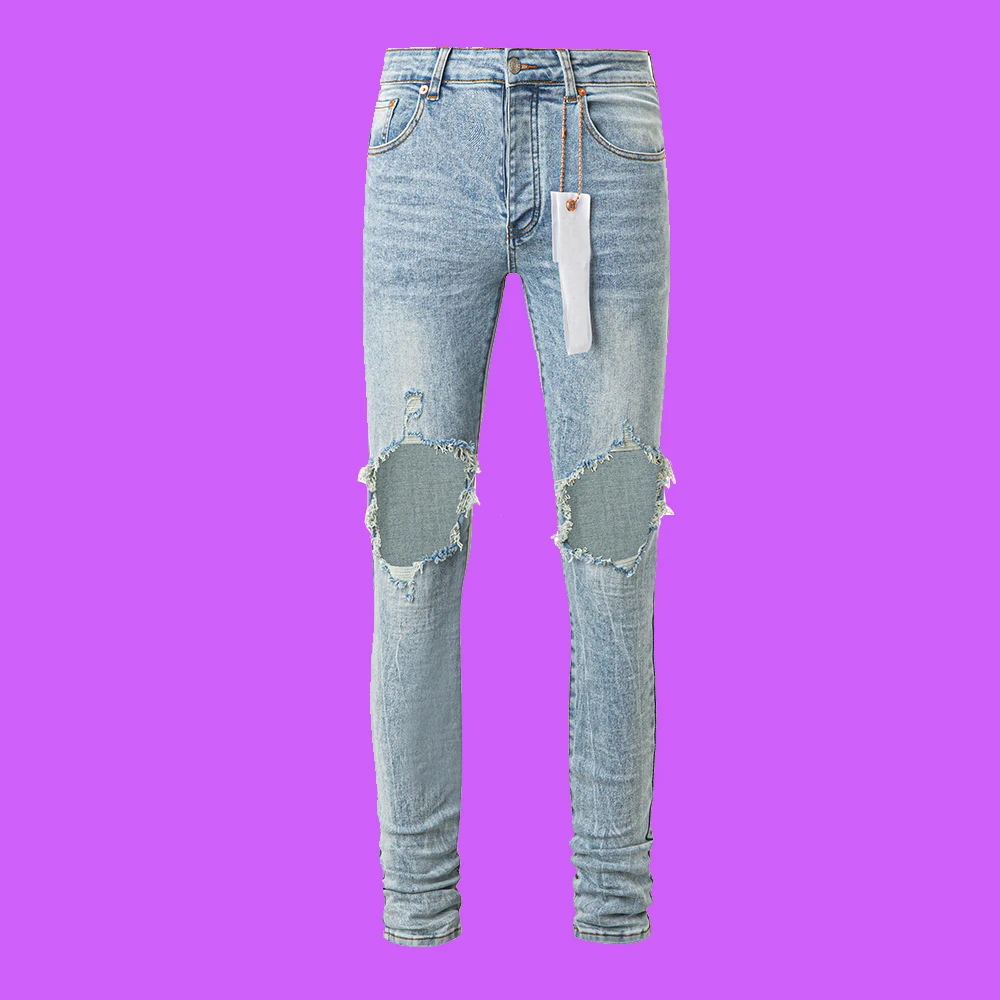 2024 lila Roca Jeans Hosen amerikanische High Street Marke Farbe verblasste Indigo Farbe Reparatur Low Rise Skinny Destroy Wash Herren Jeans