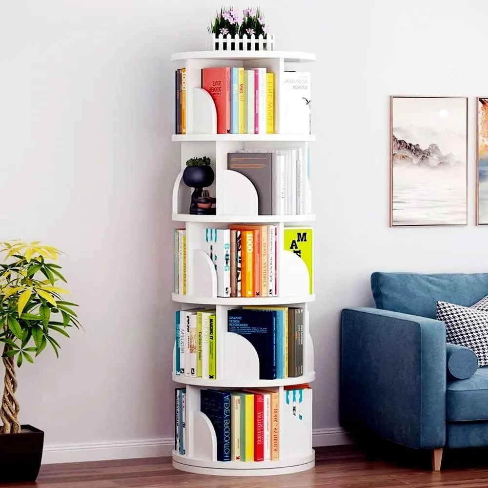 

5-ярусная вращающаяся книжная полка, на 360° ° Вращающийся книжный шкаф, вращающиеся штабелируемые полки, напольная стойка для хранения, используемая