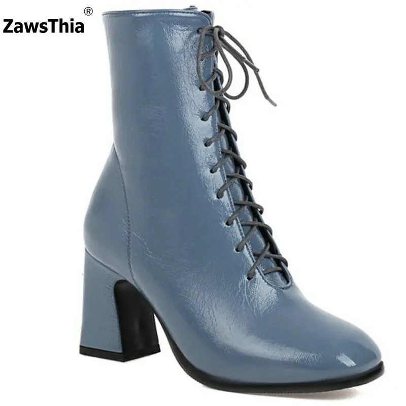 

ZawsThia Wholesale Navy Blue Soft PU Leather Woman Shoes Thick High Heels Lace-up Mature Lady Ankle riding Boots Big Size 43 44