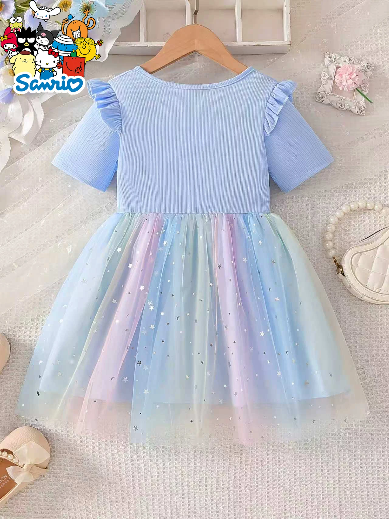 Cinnamoroll Princess Dress for Girls, Blue-Purple Gradient Star Tulle Puffy Dress, Kids Birthday Party Formal Dress - view 3
