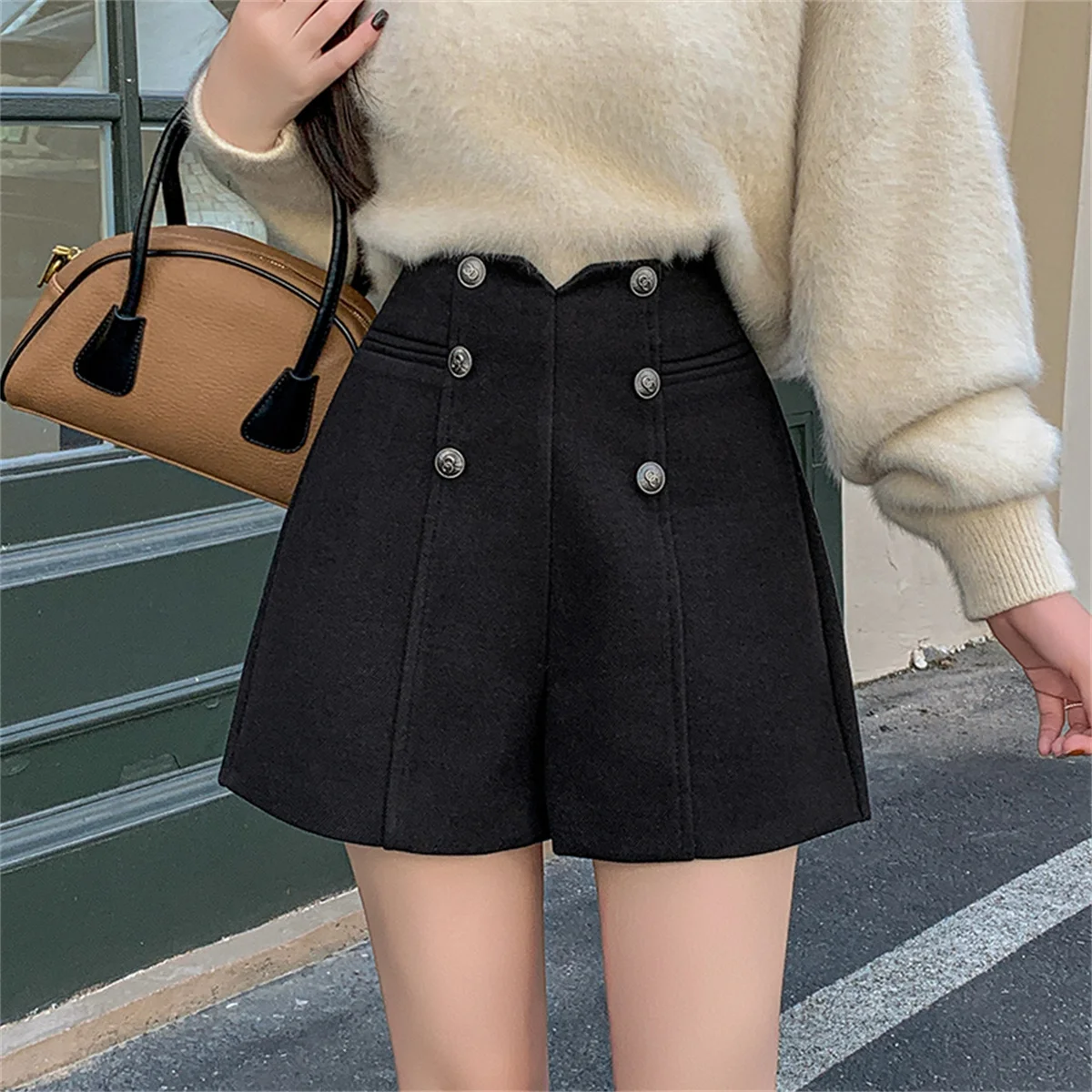 Women's Casual Shorts 2025 Fall/Winter New Arrival High-Waisted Suit Woolen Shorts Button-Front Wool A-Line Wide-Leg Pants