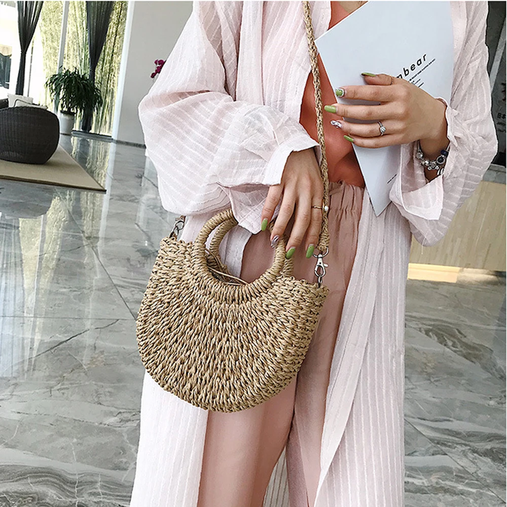 Bolso de mimbre tejido a mano para mujer, bandolera de paja con forma de Luna, Asa superior, a la moda, verano, 2022