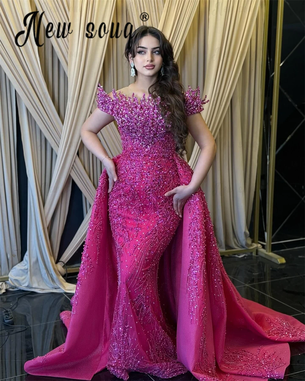 hot pink plus size wedding guest dress hot pink cocktail dress Plus Size Hot Pink Semi Formal O Neck Puff Sleeve  A-Line Midi Dress