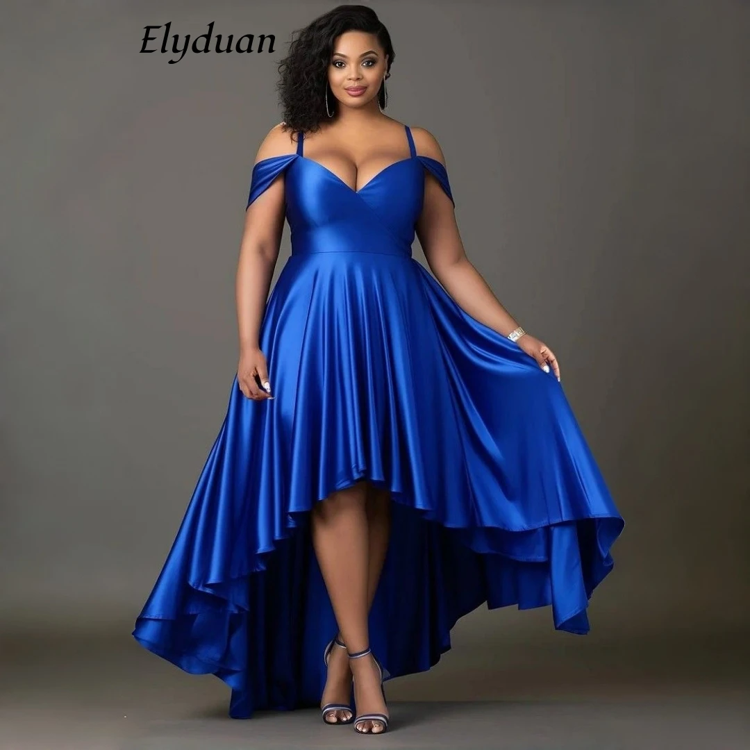Royal Blue Satin High Low Prom Dress Off Shoulder Spaghetti Strap Deep V A Line African Wedding Guest Bridesmaid Gown Customized