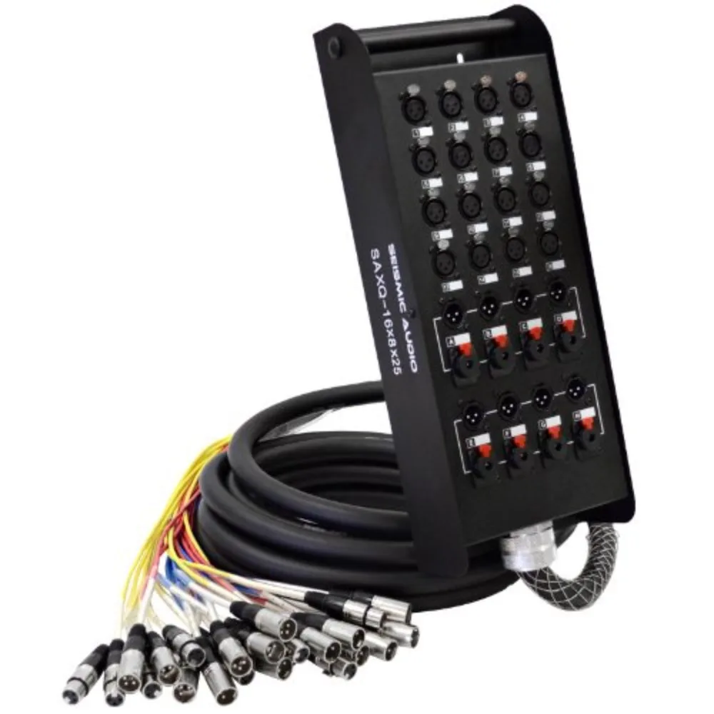 

16-канальный кабель-хаб XLR длиной 25 футов с XLR и 1/4-дюймовыми ретрансляторами на сценической коробке - 16x8x25