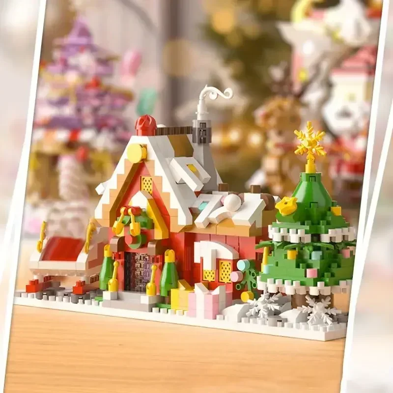 Décennie s de construction de la série de Noël pour enfants, arbre de Noël rose, maison de neige, briques d'assemblage, jouets de décoration de bureau, cadeaux de vacances