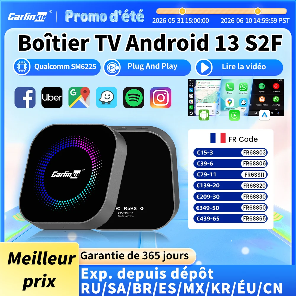 CarlinKit TV Box S2F Android 13 CarPlay Ai Box SM6225 8 cœurs sans fil CarPlay Android Auto boîte de Streaming vidéo 4G LTE et WiFi GPS