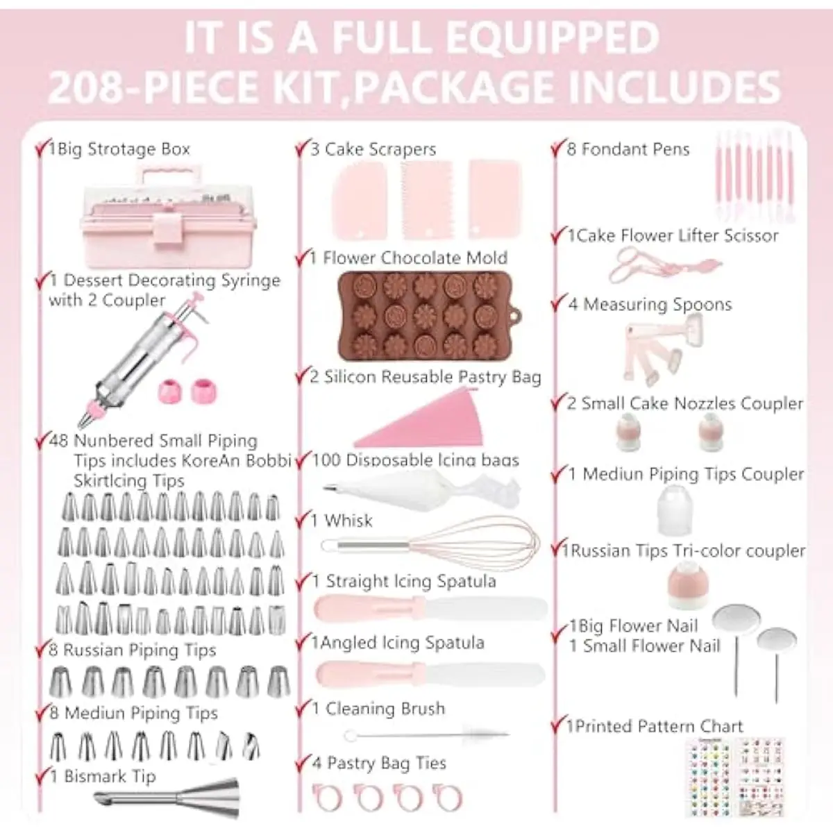 64-piece premium baking decoration set with Russian sphere tips plastic silicone stainless steel tools pink storage box 100 disp
