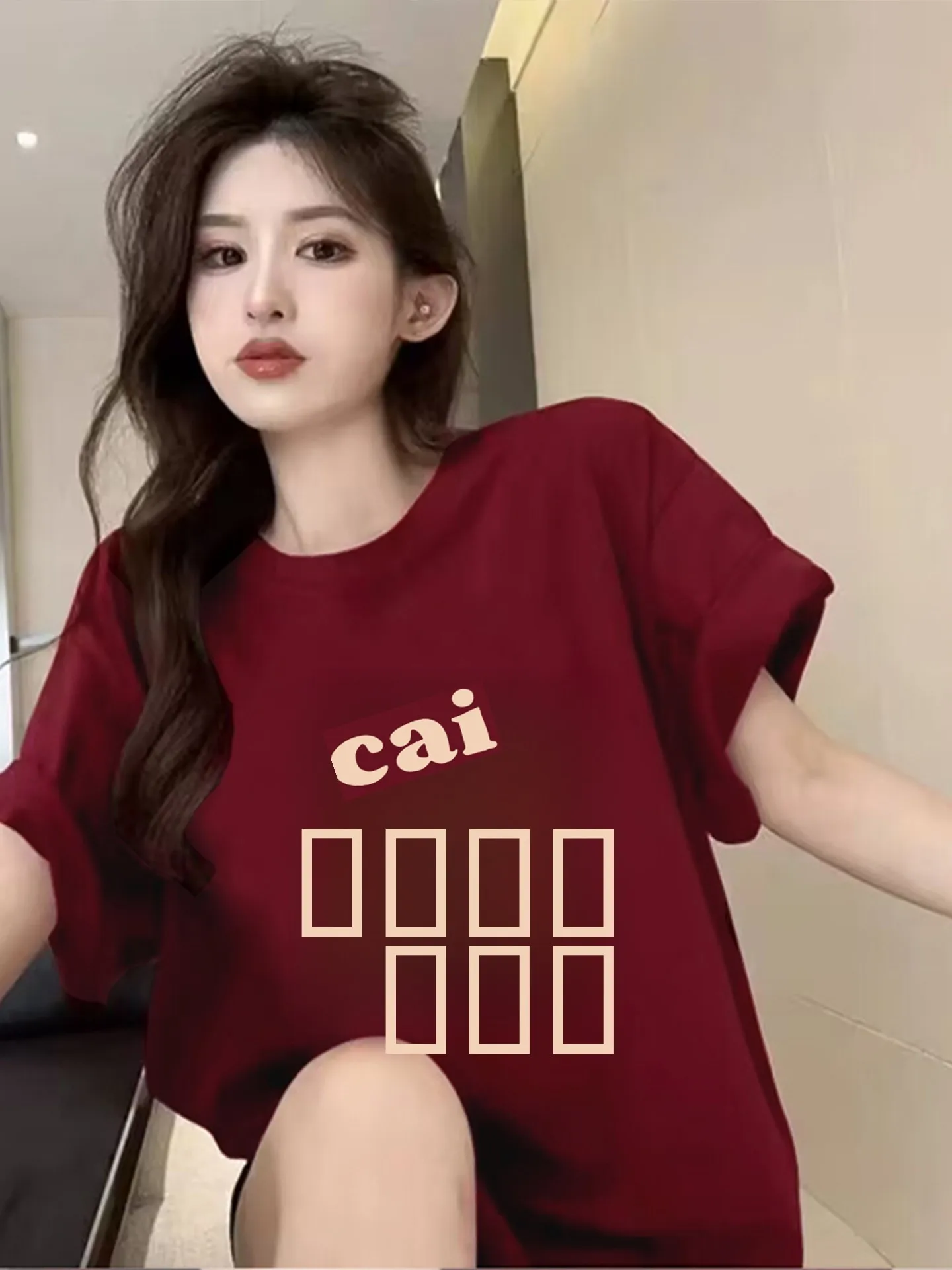 

Футболка Luy из красного хлопка с коротким рукавом, свободного кроя, для пар, большие размеры, 300 Pou, в китайском трендовом стиле, с принтованным дизайном