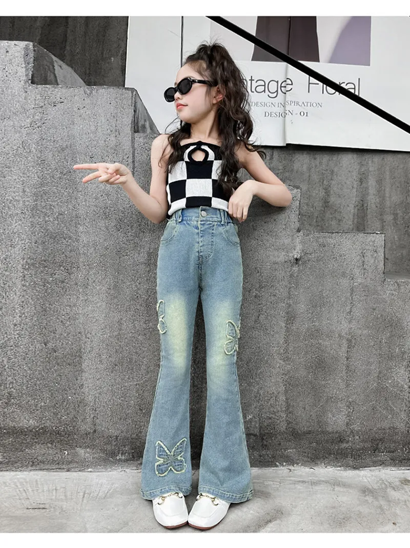 New Fashion Children\'s flared Pants Teen Girls Jeans Vintage Denim Trousers for 5 6 7 8 9 10 11 12 13 14 Years old kids Bottom