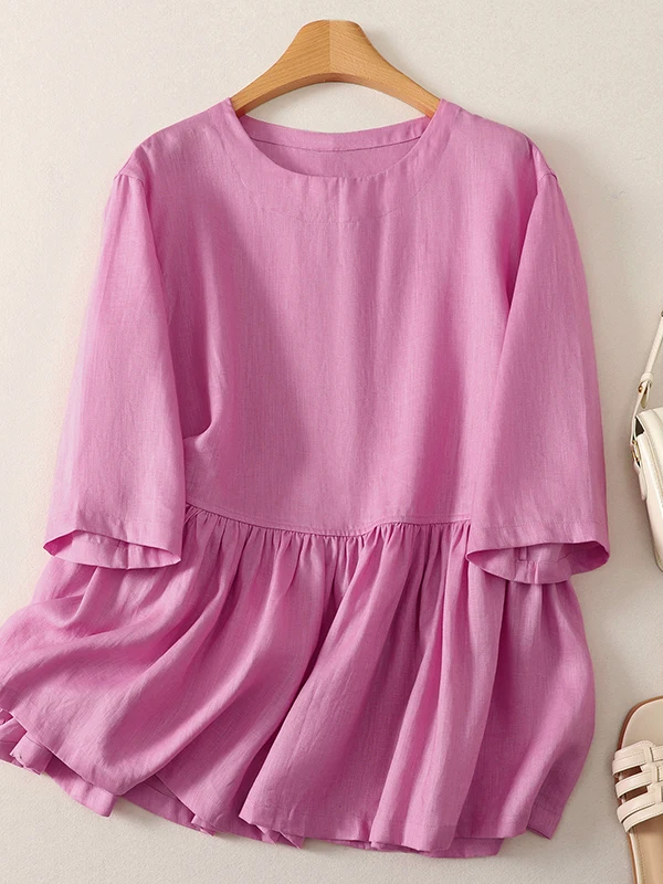 

Summer New plus Size Women's T-shirt Pure Color Five-Quarter Sleeve round Neck Belly Covering Slimming Doll Shirt Versatile