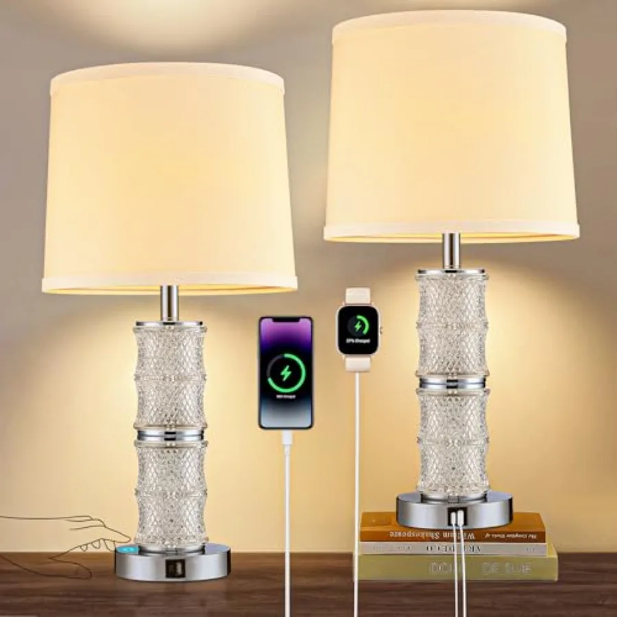 

Crystal Table Lamp Set of 2 3-Way Dimmable Nightstand Lamp with Touch Control USB C+A Charging Ports for Living Room Bedroom En
