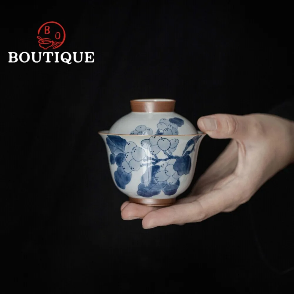 110ml Antique Hand-painted Loquat Ceramic Gaiwan Traditional Tea Tureen Tea Making Cover Bowl Tea Services Accessories Ornaments