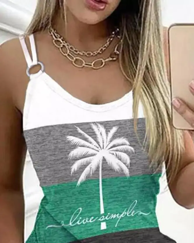 Daily Women's Dress 2023 Spring and Summer New Sleeveless Straps Live Simple Coconut Tree Print Color Block V-Neck Casual Dress