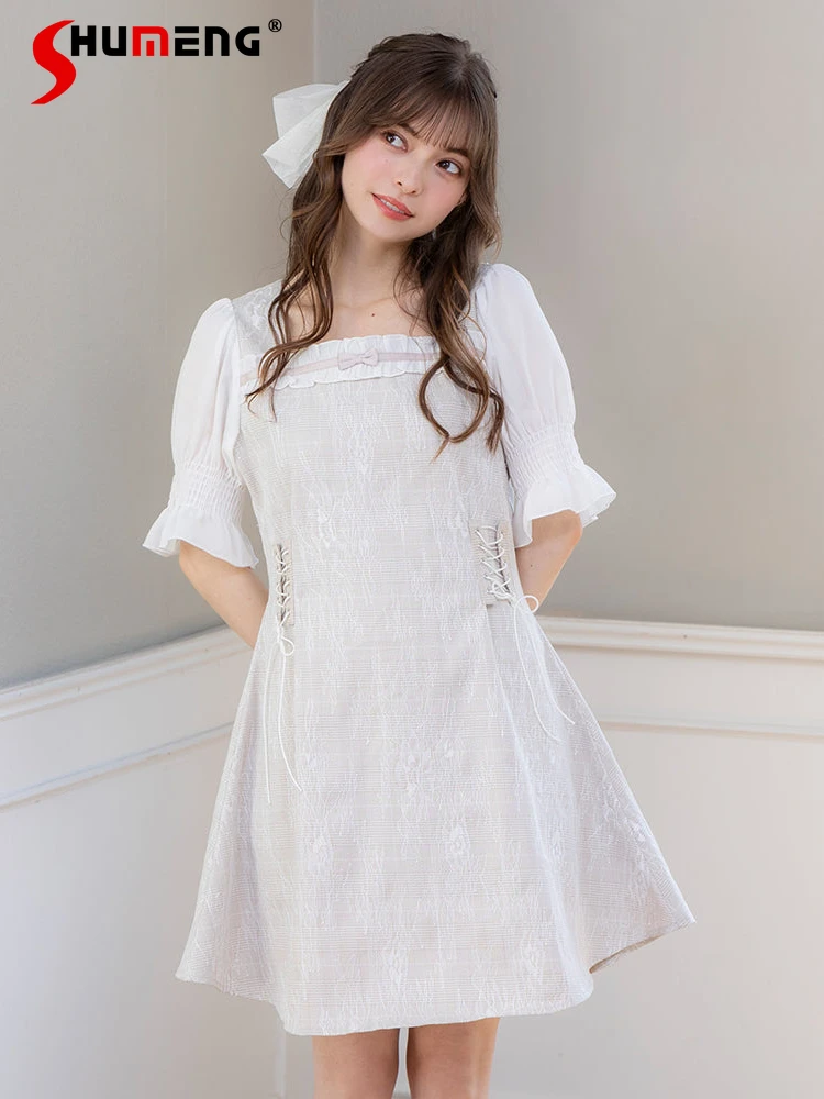 

2024 Summer Japanese Square Collar L Flared Short Sleeve Lace-up High Waist Slim Lace Stitching Sweet Lolita Short Dress Women