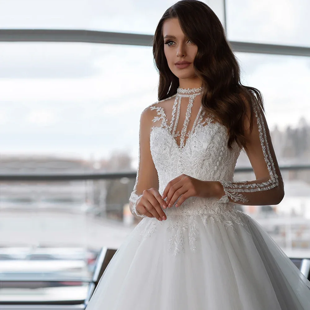 

White Tulle Wedding Dresses High Neck Long Sleeve A-Line Vestido De Novia 2022 Elegant Lace Appliques Sweep Train Bridal Gown