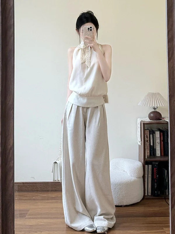 

Fashionable Neck Hanging Sleeveless Top And Wide Leg Casual Pants Set High End Sensation Summer 2025 Slimming Effectiveness