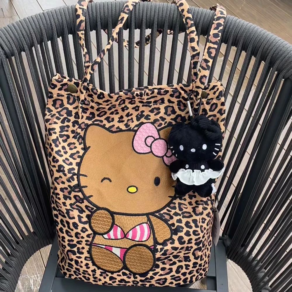  Hello Kittty Handbag Anime Retro Millennium Hot Girl Leopard Pattern Shoulder Bag Girl Large Capacity Outing Tote Bag