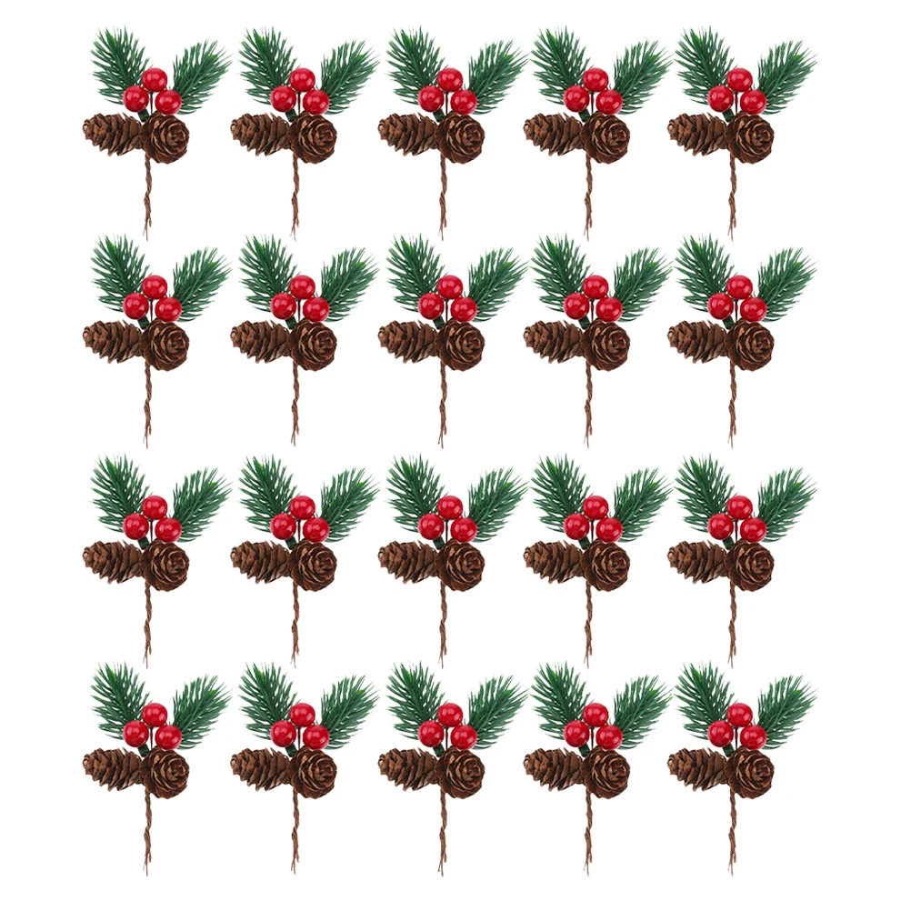 

20Pcs Xmas Party Decoration Pine Needles Stems Picks Holly Flower Branch DIY Festival Crafting Pine Cones Pine Needles