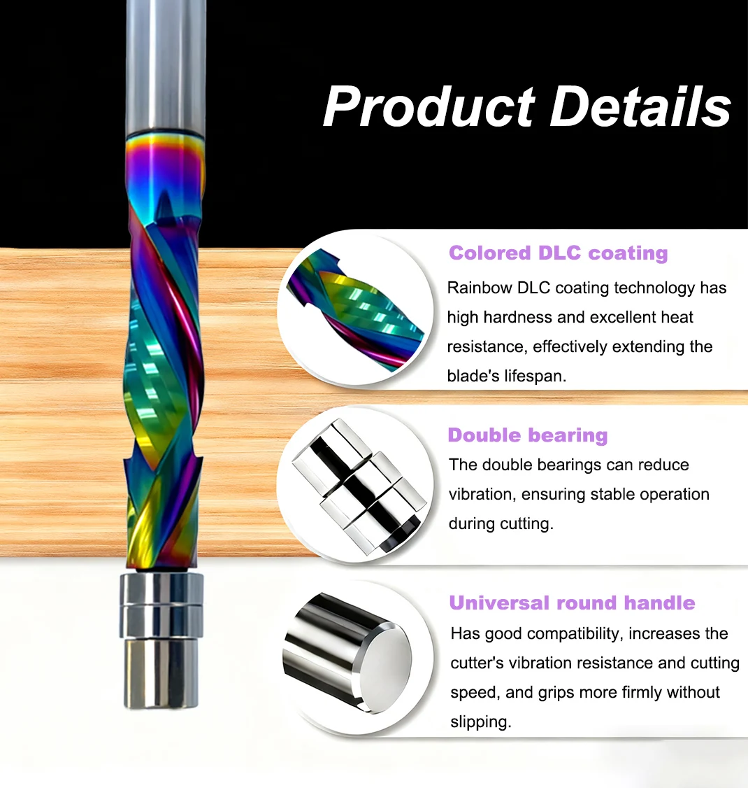 Vsharp 1pc DLC Coating Solid Carbide Bearing Guided Milling Cutters 2 Flutes Spiral Flush Trim 8MM Woodworking Trimmer Bit