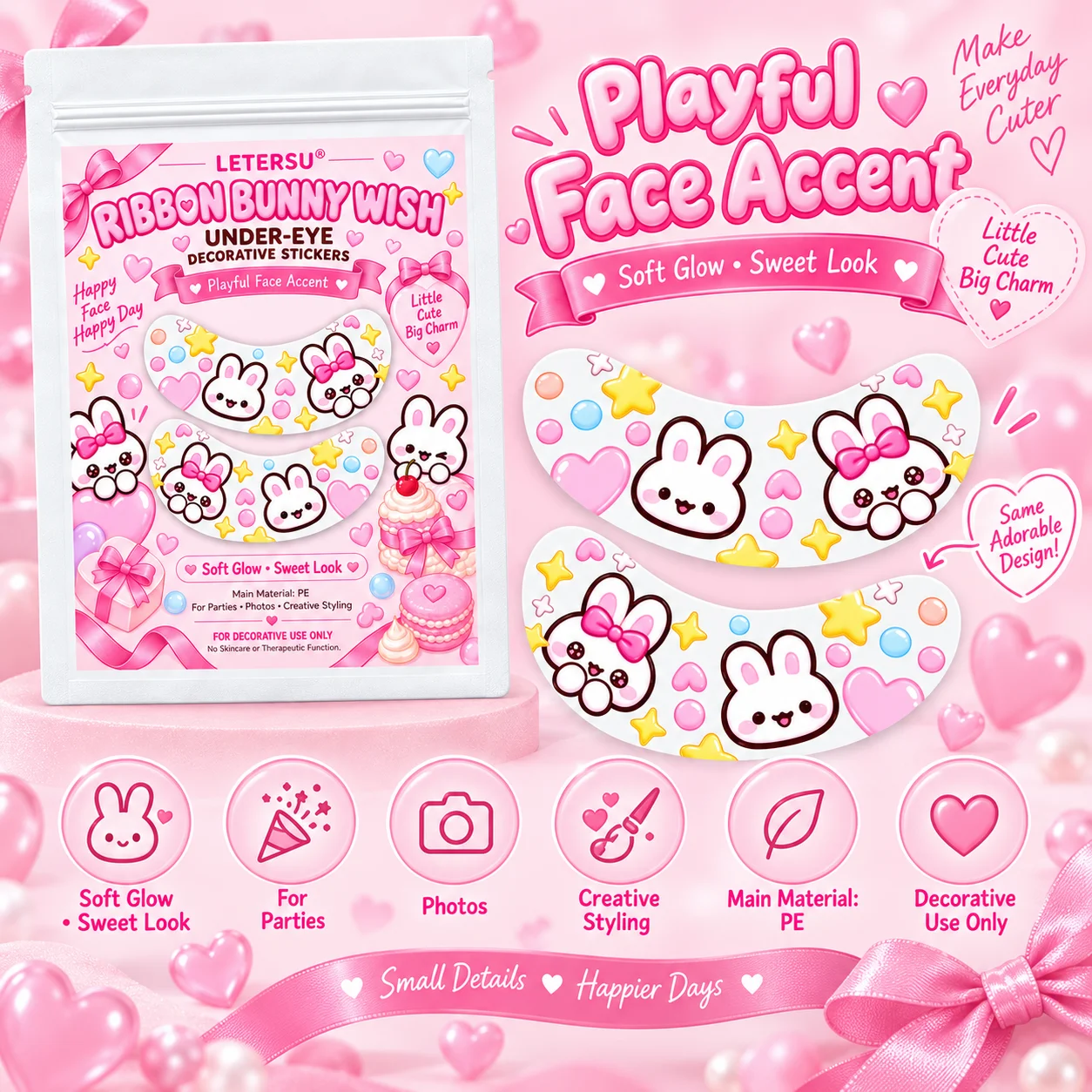 4PCS Cute Bunny Under Eye Stickers, Kawaii Rabbit Eye Patches, Pink Cartoon Face Makeup Accessories for Girls, Party Cosplay Pho