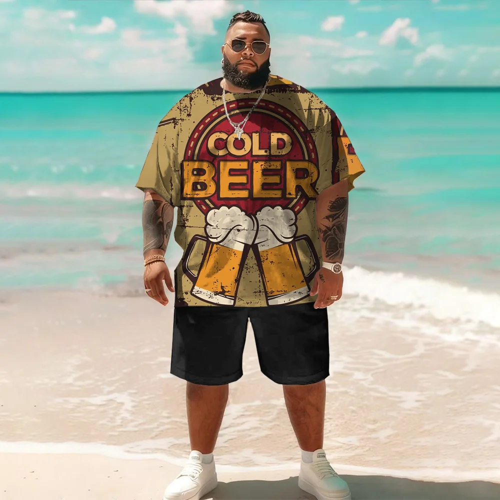 

S-9xl plus size Men's Short Sleeve Set: Beer-Inspired Vibe - 2-Piece Big & Tall Fit, Soft Breathable Fabric, Subtle Mug Prints,