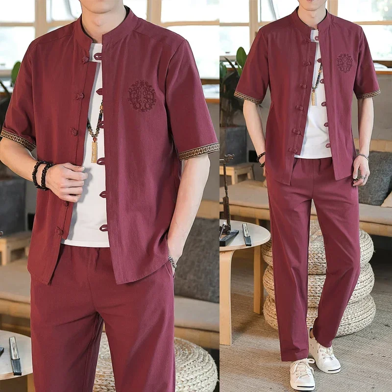 Tang Suit Summer Men's Clothes Cotton and Linen Chinese Style Short-sleeved Suit Linen Short-sleeved Shirt + Pants 2-piece Set