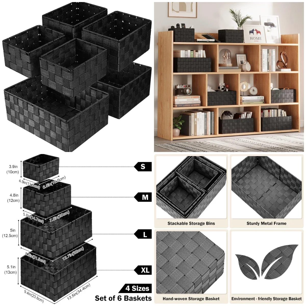

Woven Storage Baskets, Set of 6, Black Cube Bins for Clothes, Shelves, Closet Organizers