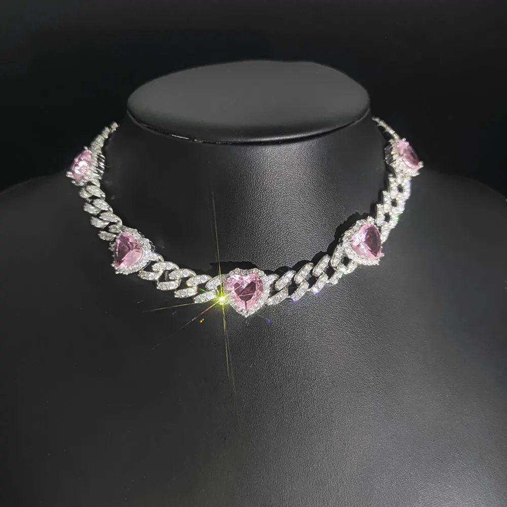10mm Pink Heart CZ Silver Iced Out Cuban Chain Necklace Hip Hop Prong Link Chain Choker Necklace Women