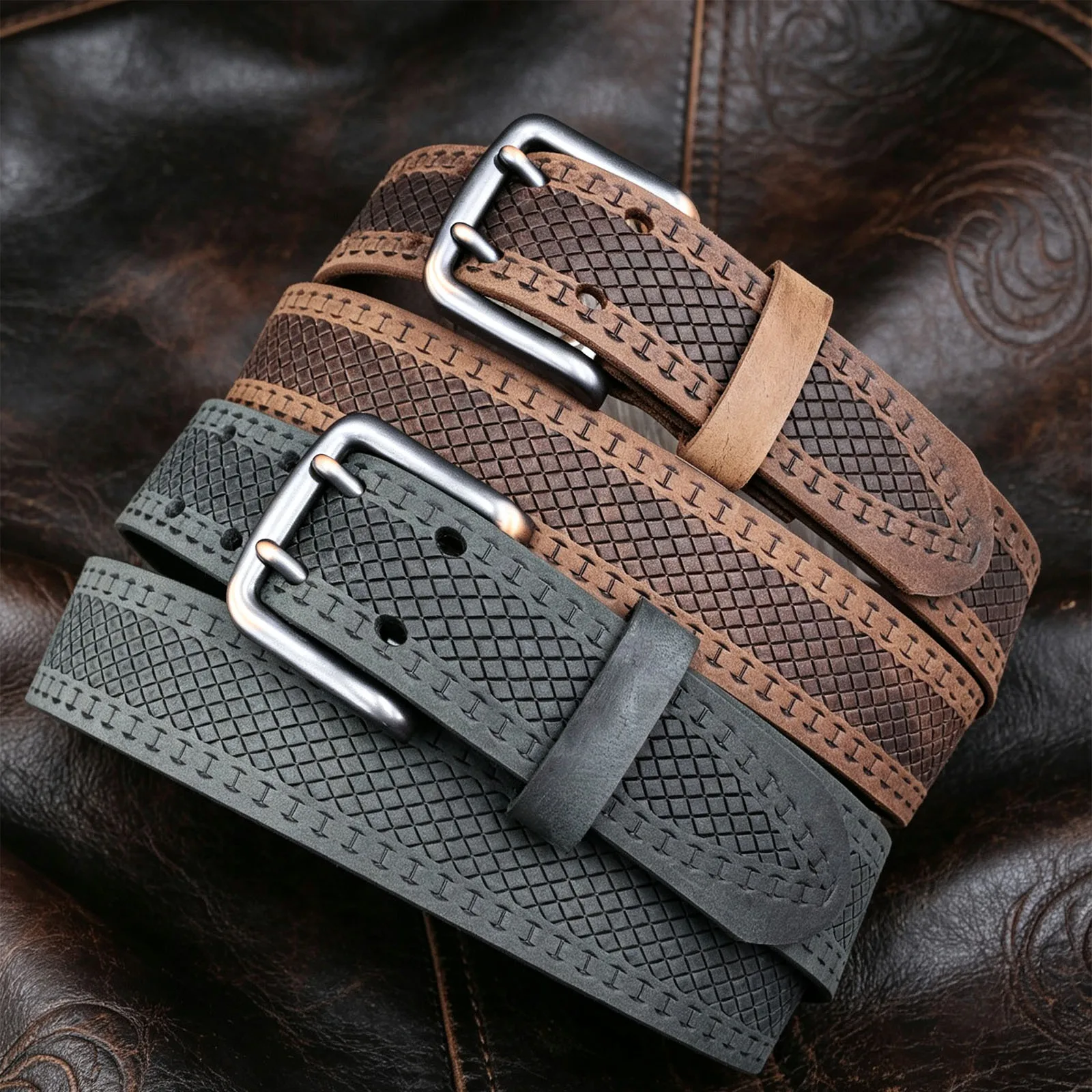 Men's Full Grain Leather Belt Vintage Diamond Embossed Genuine Cowhide Belt Heavy Duty Pin Buckle Casual Work Jeans Belt for Men