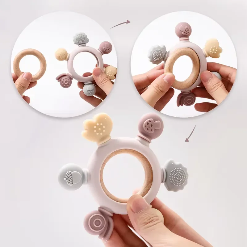 2024 New style custom BPA Free baby rattle wood ring teething toys bpa free silicone wooden teething toys baby teether