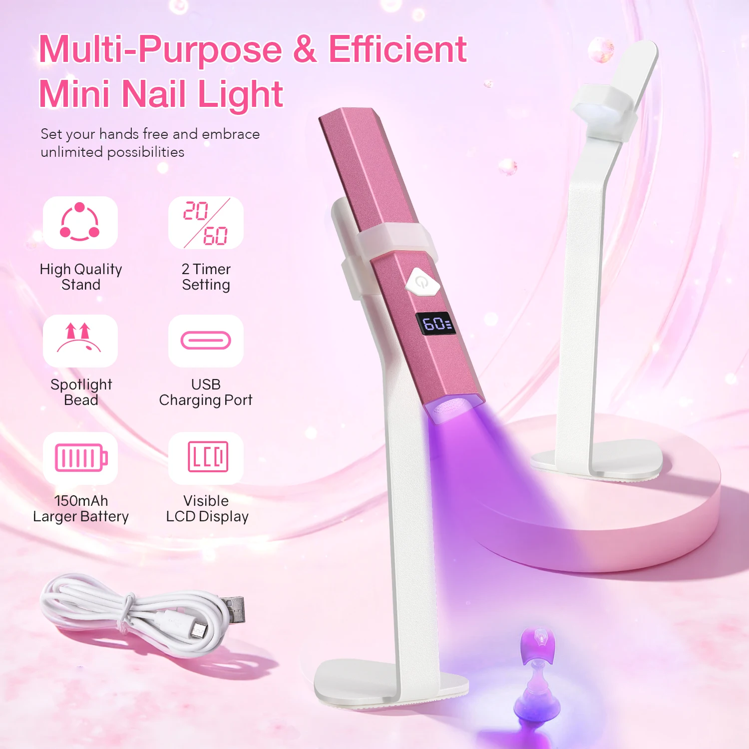 2 - in - 1 Cordless UV Nail Lamp: Desktop & Handheld Use, 2 - Timer (20s/60s) for Efficient Curing, LCD Display