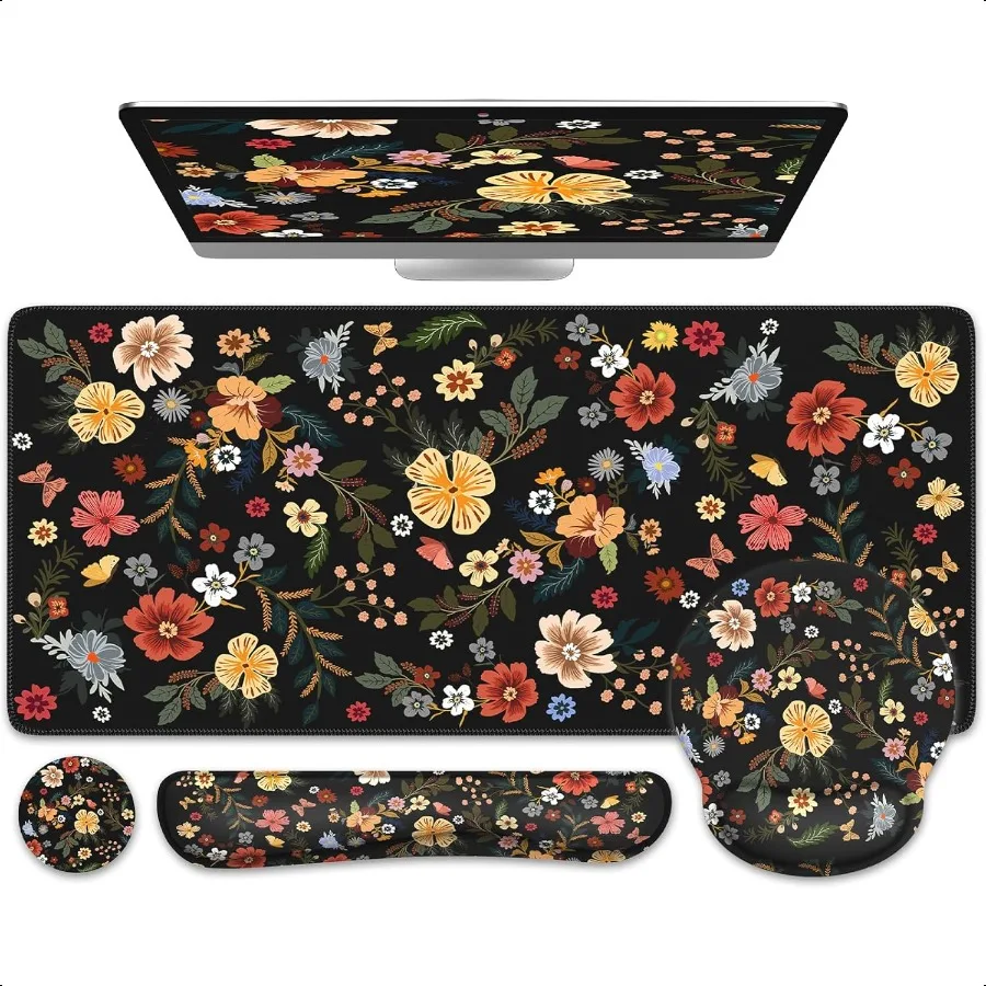 

Desk Cover Mat 4in1 Floral Large Mouse Pad with Wrist Rest Desk Matt for Desktop AntiSlip XXL Big Computer Ergonomic Mousepad w