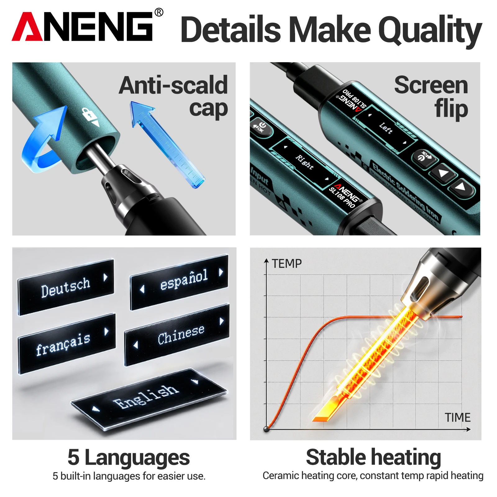 ANENG SL108 PRO 100W Digital Soldering Iron T12 Type-C Fast Charging Auto Sleep OLED Temp Calibration 9-28V Portable Repair Tool