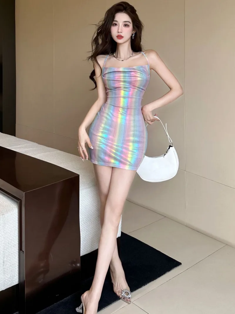 Sexy Gradient Rainbow Slim Backless Strap Dress Fashion Erotic Design Sense Mature Bold Romantic Passion Thin Sheer Charm HF6T