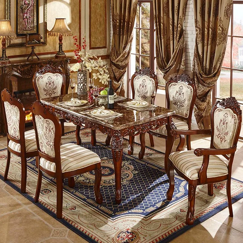 STG European Royal Rectangle Marble Top Dining Table Villa Dining Room Table Caving Retro 1.5m/1.8m Solid Wood Dining Table