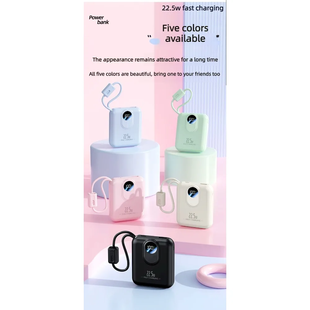 Compact 20000mAh Powerbank 22.5W Bidirectional Fast Charging Built-in Charging Cord Universal Mobile Power Source