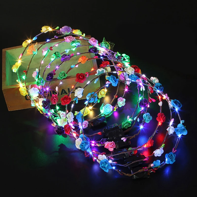 

20/50/100pcs LED Flower Wreath Light Up Flower Crown Hair Floral Headpiece Luminous Headband Birthday Party Wedding Supplies