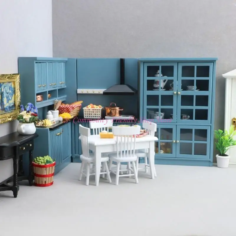 85AE Miniature Wooden Kitchen Furniture 8PCS Set For Dollhouses Includes Table Chairs And Storage Units