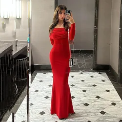 Msikoods Red Elegant Mermaid Evening Dresses Long Sleeve Customized Off The Shoulder Prom Dress Party Dress Special Occasions