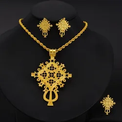 Ethiopian Eritrean Women Jewelry Sets Spcial Cross Pendant Earrings Ring African  Wedding Pretty Gold Color Jewelry Gifts