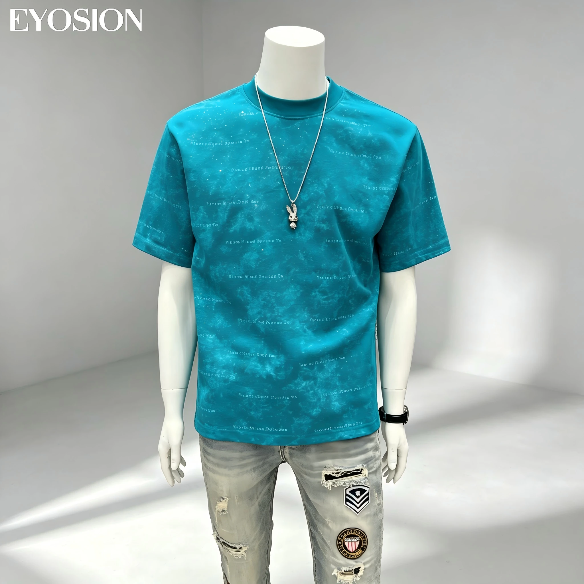 Summer 2026 Men's T-shirt Peacock Blue High Quality Cotton Round Neck Short Sleeve Texture Print Casual Loose Fit Tee Tops 4XL