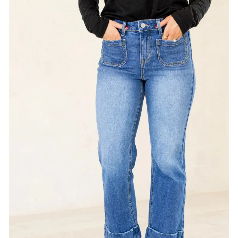 New Women's Fashion Rolled Hem Flared Cropped Jeans Washed Stretch Pants