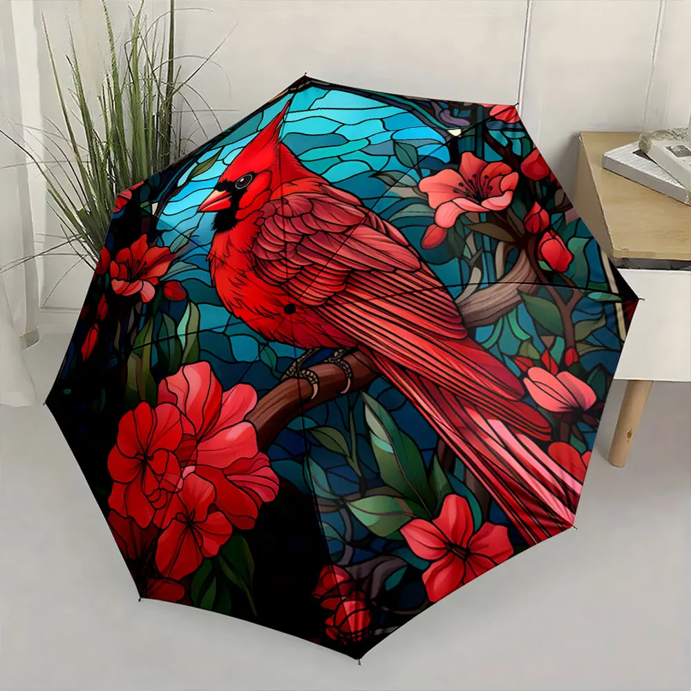 Red Cardinal with Floral Stained Glass Design Umbrella Compact Fashion Folding Umbrella for Daily Use, Christmas Gift