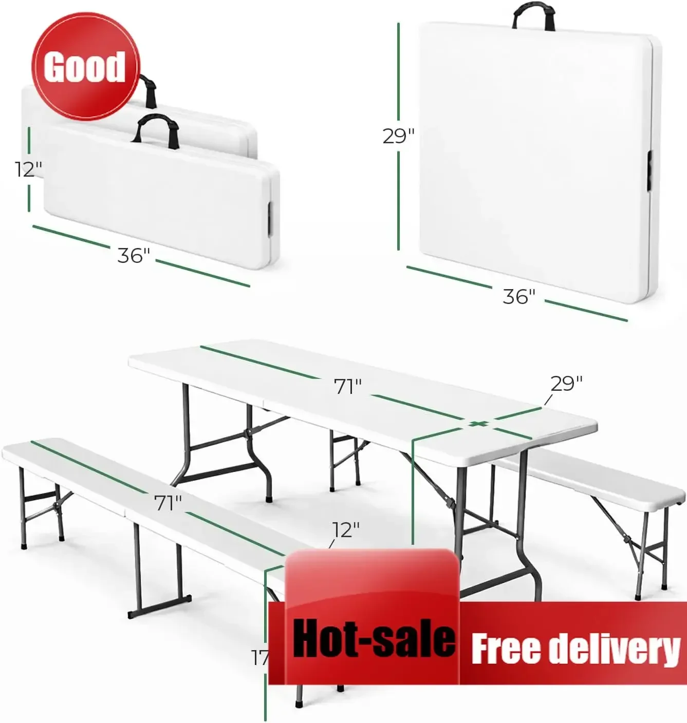 6 Ft White Plastic Folding Table And 2 Benches Space Saving Indoor Outdoor Seats 6 To 8 Easy Storage Transport